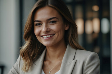 Fototapeta premium Smiling Woman At Office Caught In Photo. Сoncept Office Portraits, Professional Headshots, Business Casual Poses, Confidence In The Workplace,businesswoman with team in the background.