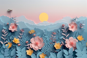Paper Art Landscape with Delicate Flowers - obrazy, fototapety, plakaty