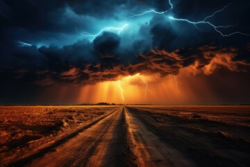 Thunderstorm, lightning strikes the plain, lightning in the clouds, summer thunderstorm