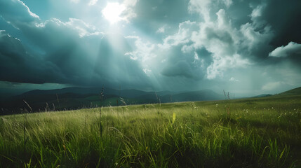Wild grass in the forest with dark storm clouds  - obrazy, fototapety, plakaty
