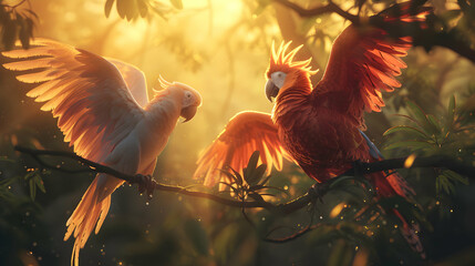 Two beautiful macaw parrot sits in a lush forest  - obrazy, fototapety, plakaty