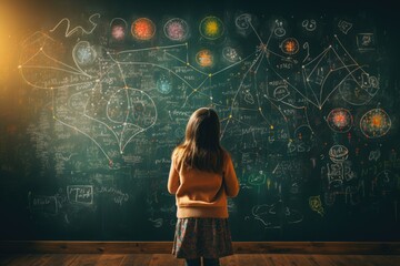 Child using imagination in front of blackboard, rear view of child studying in front of backboard, rear view of child drawing on blackboard