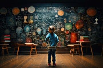Child using imagination in front of blackboard, rear view of child studying in front of backboard, rear view of child drawing on blackboard