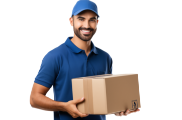 Delivery man in uniform holding a cardboard box