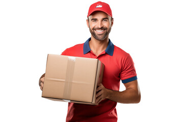 Delivery man in uniform holding a cardboard box