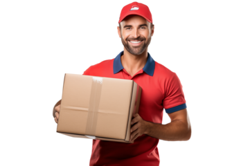 Delivery man in uniform holding a cardboard box