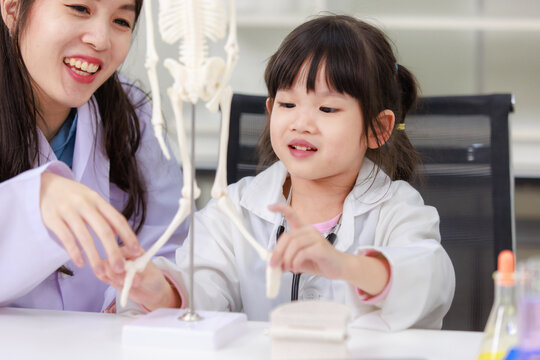 Asian woman doctor physiotherapist explains human fake skeleton hand model on a table to little cute children girl at laboratory study room. Education anatomical human concept learning for kids.