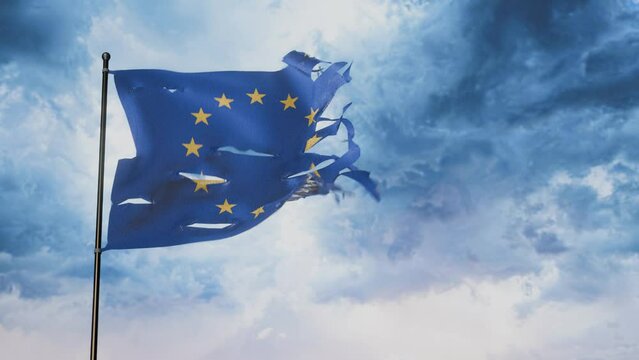 EU flag torn in the wind, animation.