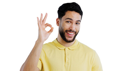 Smile, portrait and man with perfect hands, support or success gesture on isolated, transparent or png background. OK, emoji or face of male person with review, feedback or service excellence vote