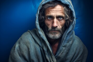 Fototapeta premium Homeless man, 55 years old, with a somber expression, emphasizing the harsh reality of homelessness on a solid muted blue background.