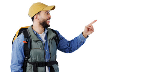 Hiking, smile or man with hand pointing to travel, news or promotion on isolated, transparent or png background. Camping, backpack or male tourist show sign up guide, process or steps for safari tour © Khushboo Sumeet/peopleimages.com