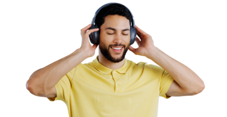 Man, music and headphones or happy for podcast, audio subscription and streaming multimedia playlist. Relax, indian model and listening to radio and sound isolated on a png transparent background