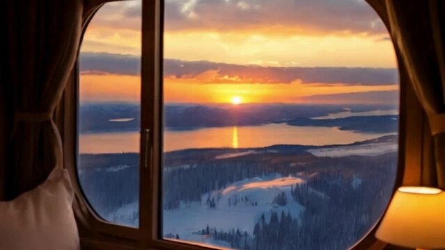 beautiful sunset view from the window of the train cabin