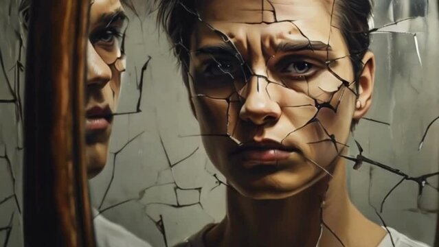 heart broken man struggling with heartbreak, depression, anxiety and sadness, psychology concept art with reflection of broken mirror glasses