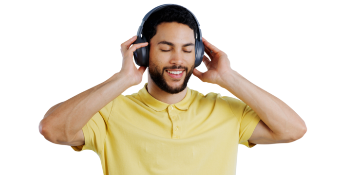 Man, music and headphones or happy for podcast, audio subscription and streaming multimedia playlist. Relax, indian model and listening to radio and sound isolated on a png transparent background