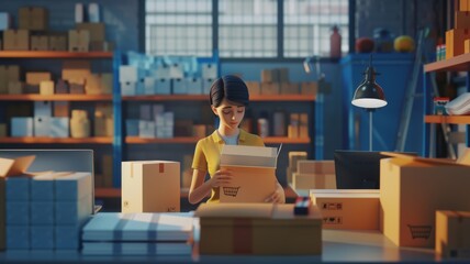 Animated Worker Sorting Packages - A stylized animated character diligently organizes boxes in a vibrant and colorful warehouse setting. - obrazy, fototapety, plakaty