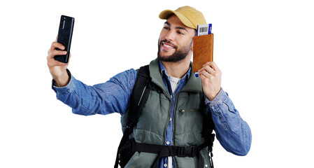 Happy man, passport and selfie of backpacker in photography, picture or memory on a transparent PNG background. Smile, male person or young tourist with ID, boarding pass or ticket for travel photo - Powered by Adobe