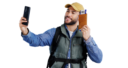 Happy man, passport and selfie of backpacker in photography, picture or memory on a transparent PNG background. Smile, male person or young tourist with ID, boarding pass or ticket for travel photo