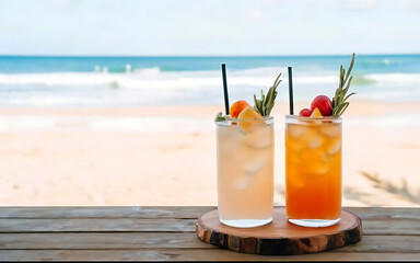 Exotic drinks on wooden table in tropical beach