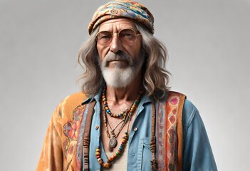 Obraz premium an isolated senior man retro vintage hippie with long hair and beard and hippie clothes from the 1960s and 1970s
