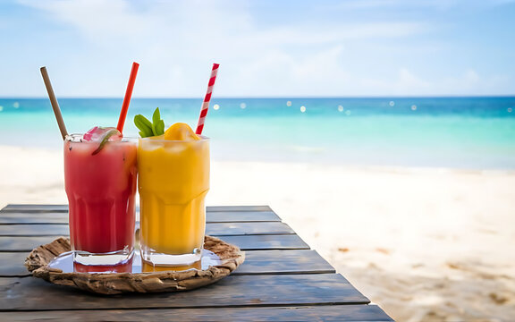 Exotic drinks on wooden table in tropical beach