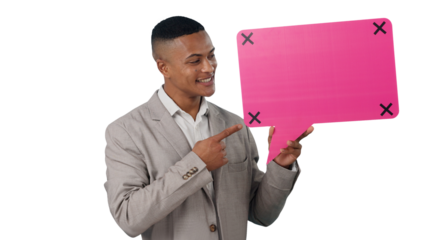 Business man, speech bubble and presentation of chat poster for social media and quote or communication. Young professional, pointing or FAQ for career forum or isolated on transparent png background