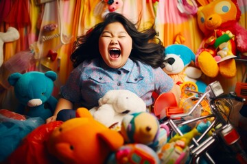 Fototapeta na wymiar Photograph a joyful obese girl, 8 years old, of Asian heritage, laughing while playing with toys in her colorful bedroom