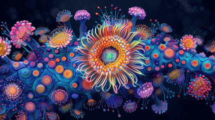 Fototapeta na wymiar Imagine an imaginative representation of a microbe using intricate patterns and vibrant colors revealing its hidden beauty and complexity