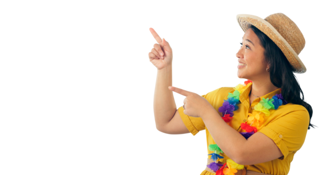 Travel, smile and asian woman as tourist pointing, png and happiness in isolated background. Girl, joy and show with hands, clothes and vacation for summer and transparent with hat for adventure