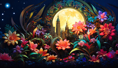 Fantasy landscape with a magical castle under the moonlight, invoking a sense of adventure and mystical journeys