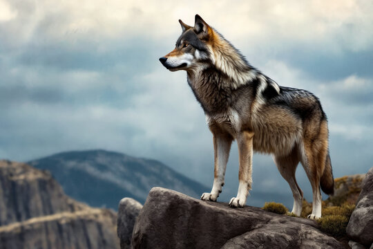 Grey black and white wolf stands on rocky outcrop with mountains in the background.