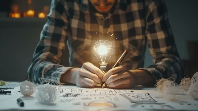 Illuminated Idea Concept - A person sketching a light bulb, symbolizing the concept of innovation, brainstorming, and creativity.