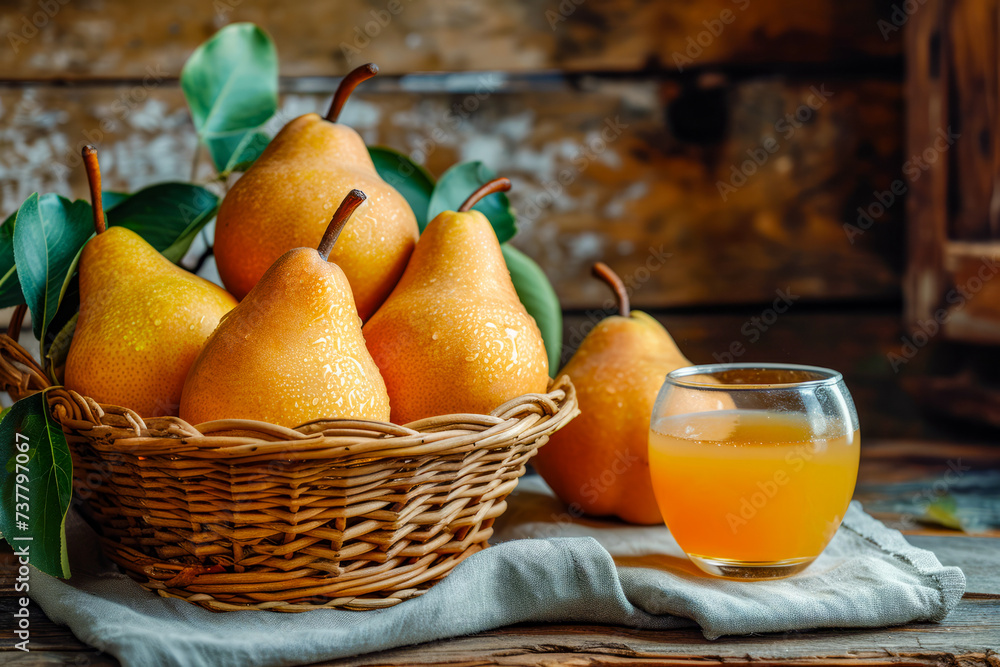 Poster Basket full of pears next to glass of juice.