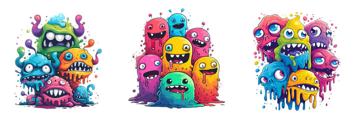 funny colorful Cartoon monster faces. scary Cartoon doodle monsters set, Vector illustration of funny monsters. collection. for print on demand merchandise, t shirt. transparent png