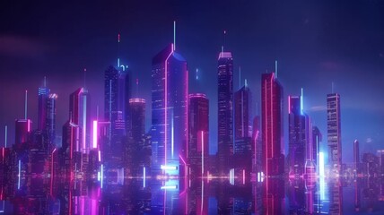 Fototapeta na wymiar Neon Urban Dreamscape Reflections - A mesmerizing urban skyline adorned with neon lights and reflected in the tranquil water below, embodying the pulse of city life and the future of urban landscapes.