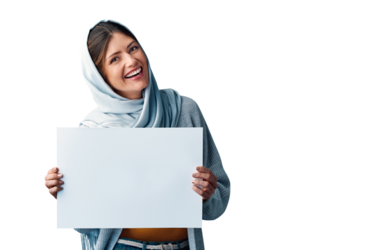 Muslim, woman and smile in hijab with poster mockup for advertising and instructions on isolated, transparent png background. Religion, Iraq and blank cardboard with happiness in confidence.