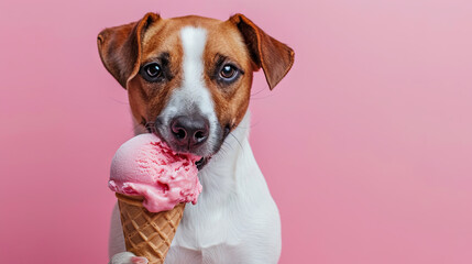 jack russell terrier Dog with ice cream, summertime, pink background