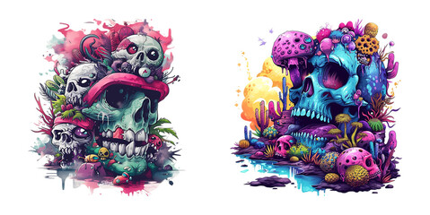 colorful skull and zombie elements, Applicable to Any Context Perfect for Print on Demand Merchandise, t shirt. transparent, PNG