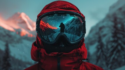 Snowy mountain reflection on ski mask goggles, close-up image - obrazy, fototapety, plakaty