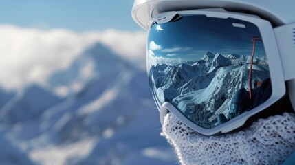 Snowy mountain reflection on ski mask goggles, close-up image - obrazy, fototapety, plakaty