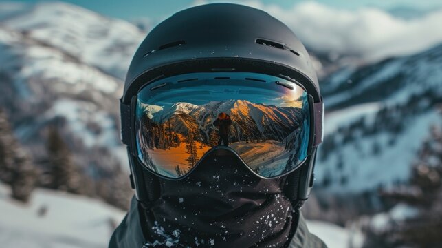 Snowy mountain reflection on ski mask goggles, close-up image