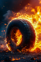 Tire is on fire and is surrounded by flames.