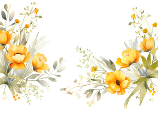 Watercolor yellow wild flowers on white background 