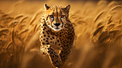A cheetah running through a field of tall grass.