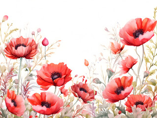 Watercolor red wild flowers on white background 
