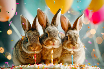 Fototapeta na wymiar Three rabbits with birthday candle between them.