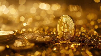 Bitcoin in gold, blurred background, digital money