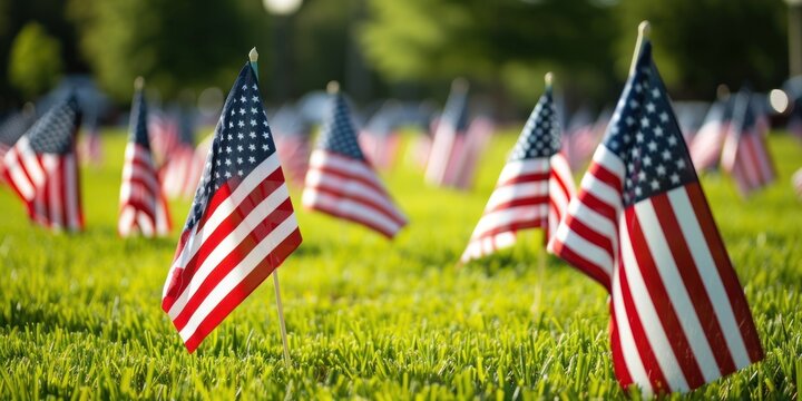 many american flag on green field background copy space
