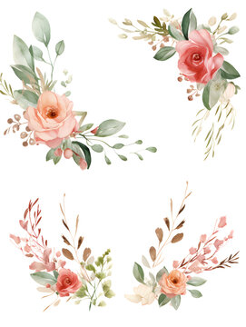 Set of watercolor flowers with green leaves on white background 