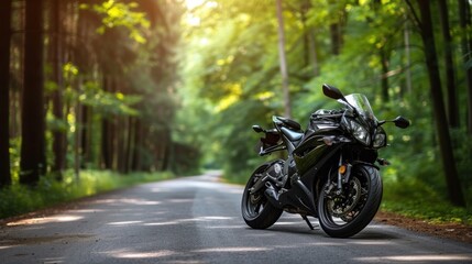 Black sports motorcycle on a forest road with green tall trees in a background